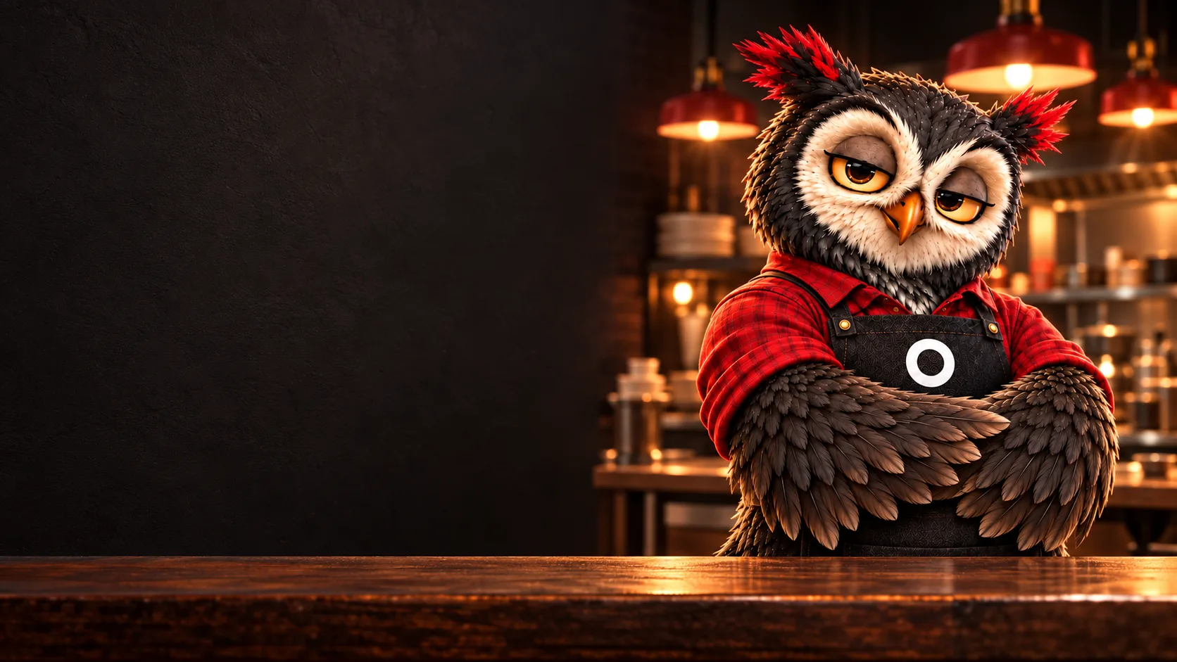 Ollie, a tired amber-eyed owl in a red work shirt and black apron, behind a restaurant counter.